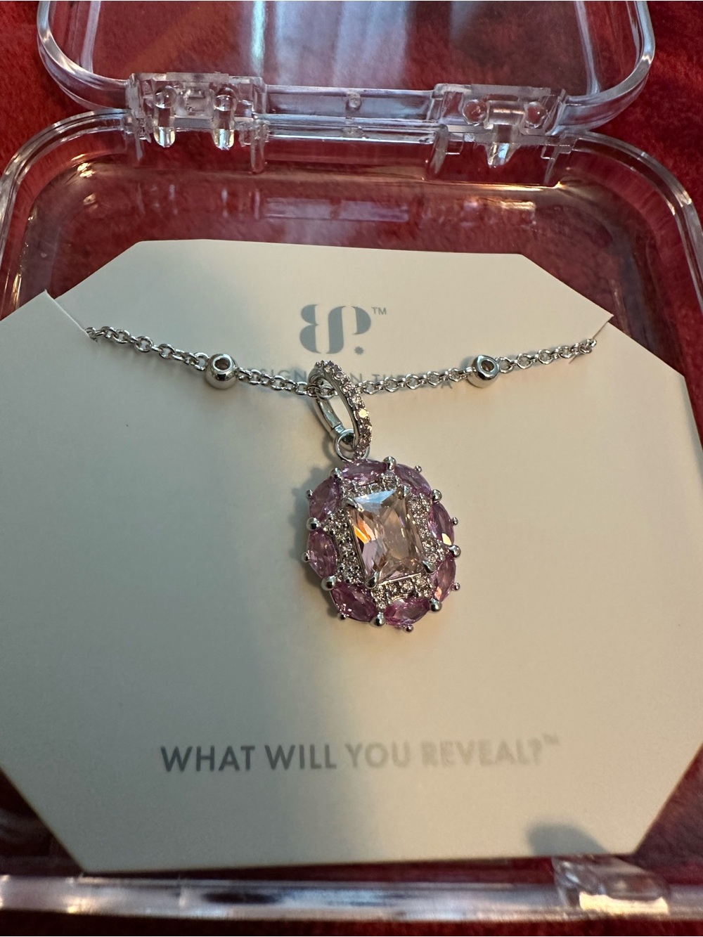 bp Silver-Tone Necklace with Clear Center and Pink Halo Stones